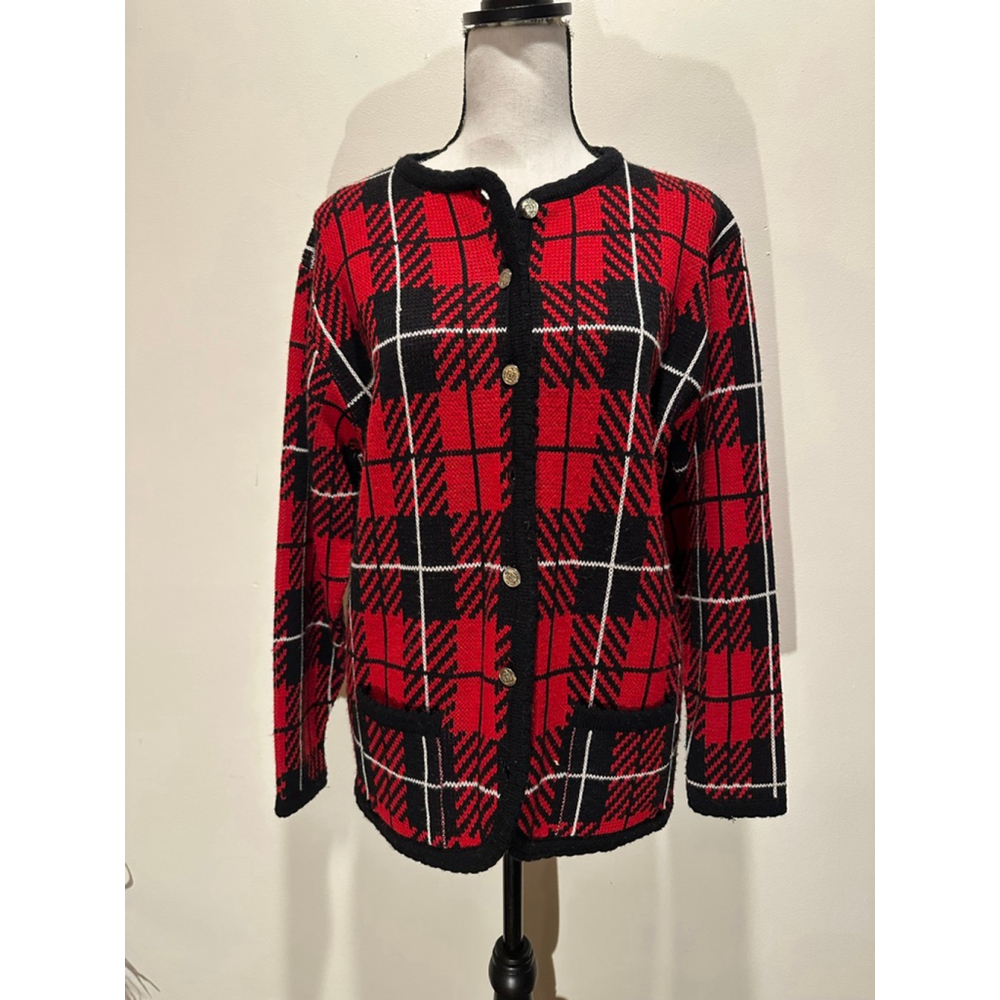 Vintage Tally Ho Plaid Cardigan | 90s Preppy Knit Sweater | Red Black M
